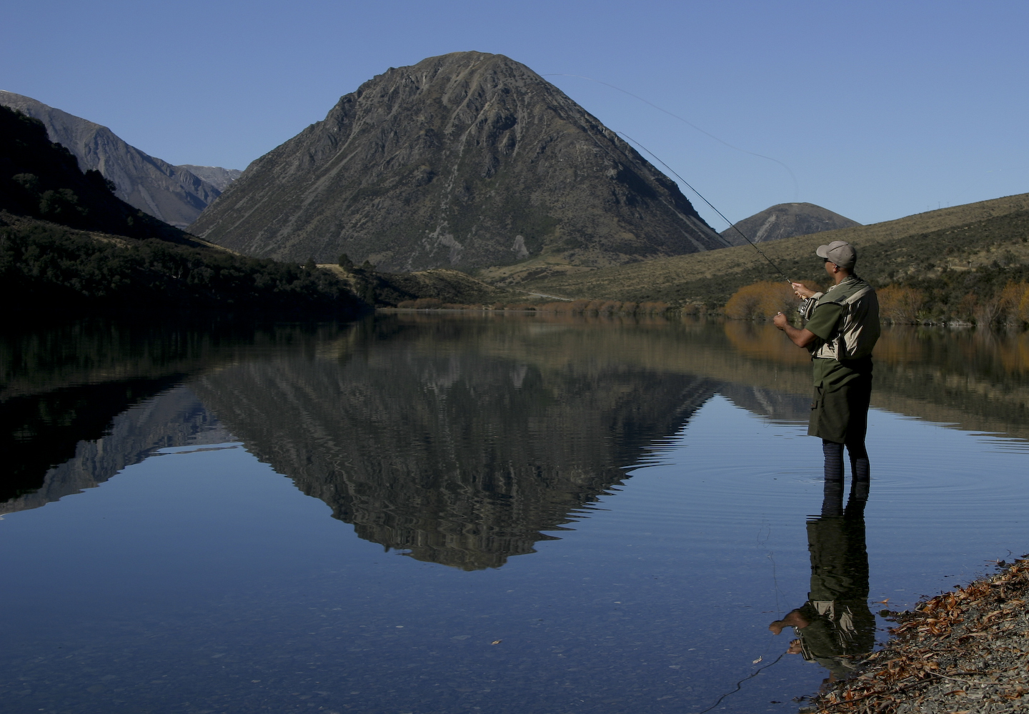 Fly fishing at Lake Selfe in New Zealand